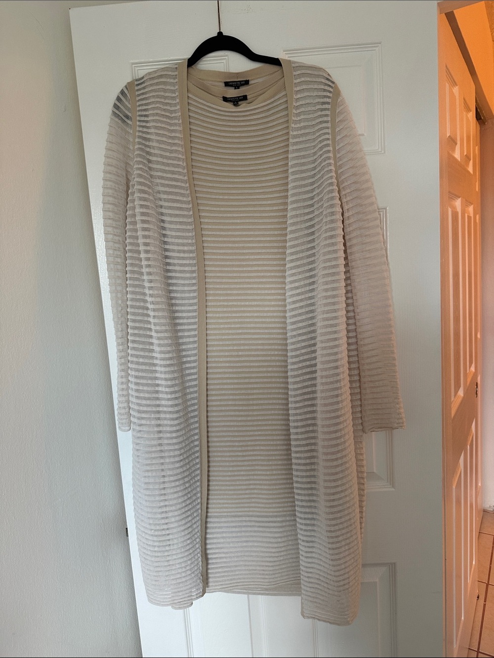 Lafayette 148 New York Cream & White Striped Midi Dress and Cardigan set